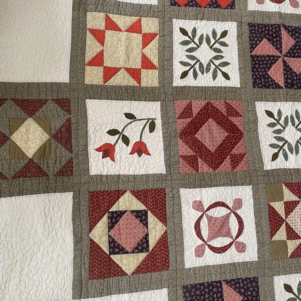 Nostalgia Home Fashions Handmade Sampler Patchwork Quilt Burgundy Floral Queen
